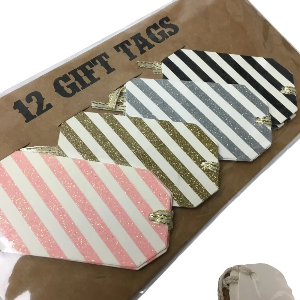 GIFT TAGS Feather Stripe Gold Glitter Metallic 28 Total Die Cut Labeling NWT